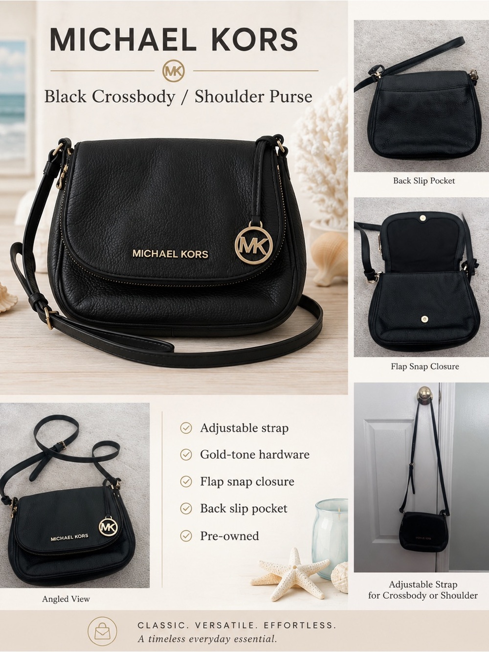 Michael Kors Black Leather Crossbody with Gold Hardware